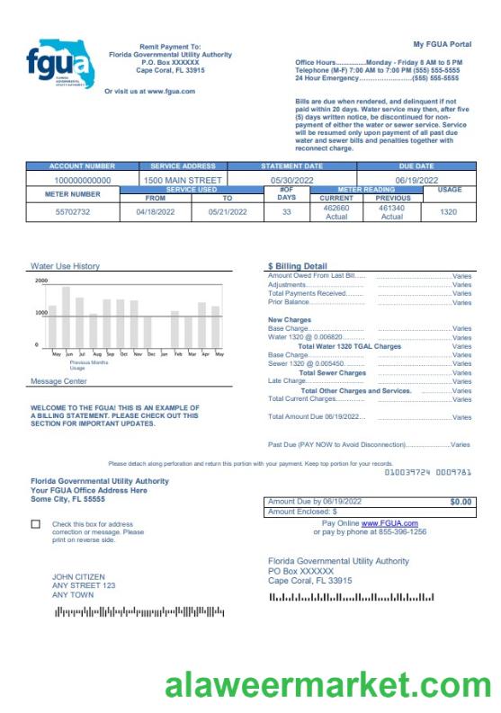 USA Florida FGUA utility bill template in Word and PDF format